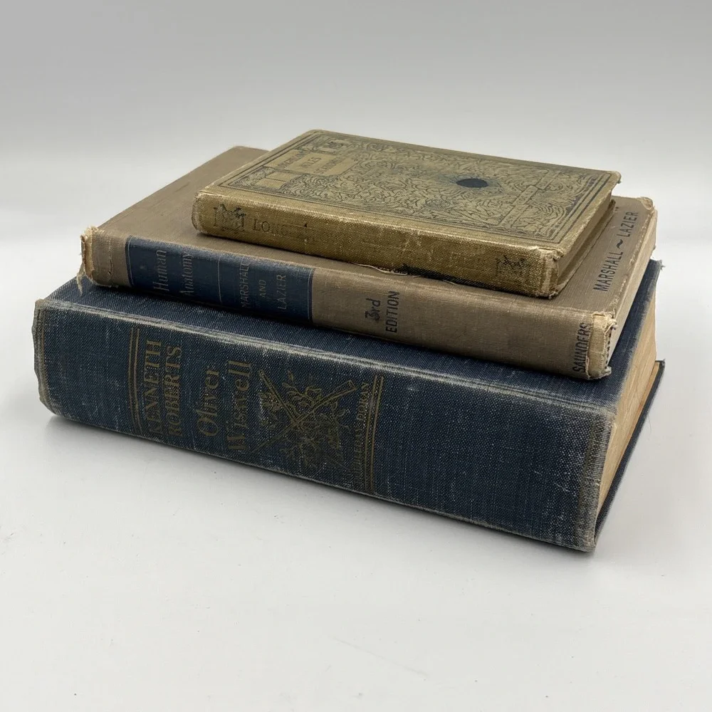 Vintage 3 Blue Brown Books Lot Staging Decor Retro Prop Shelf Mantle Centerpiece - Picture 3 of 8